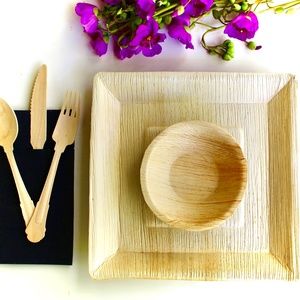 disposable palm leaf Plate 10 pic 10" Deep Square 10 pic 5" Bowl and 30 pic cutl